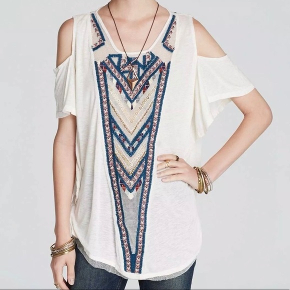 Free People | Cold Shoulder Embroidered Mesh Top - Picture 1 of 4